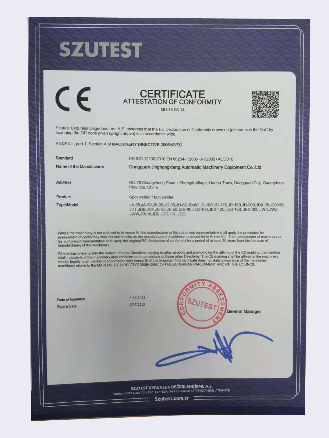 CHINA Dongguan Jinghongxiang Automation Equipment Co., Ltd. Zertifizierungen